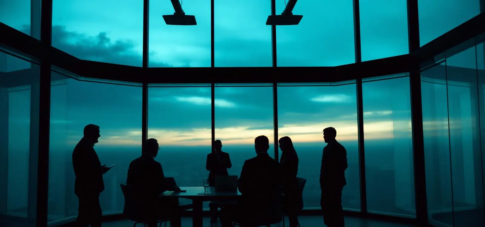 Time de liderança reunido em sala corporativa ao entardecer